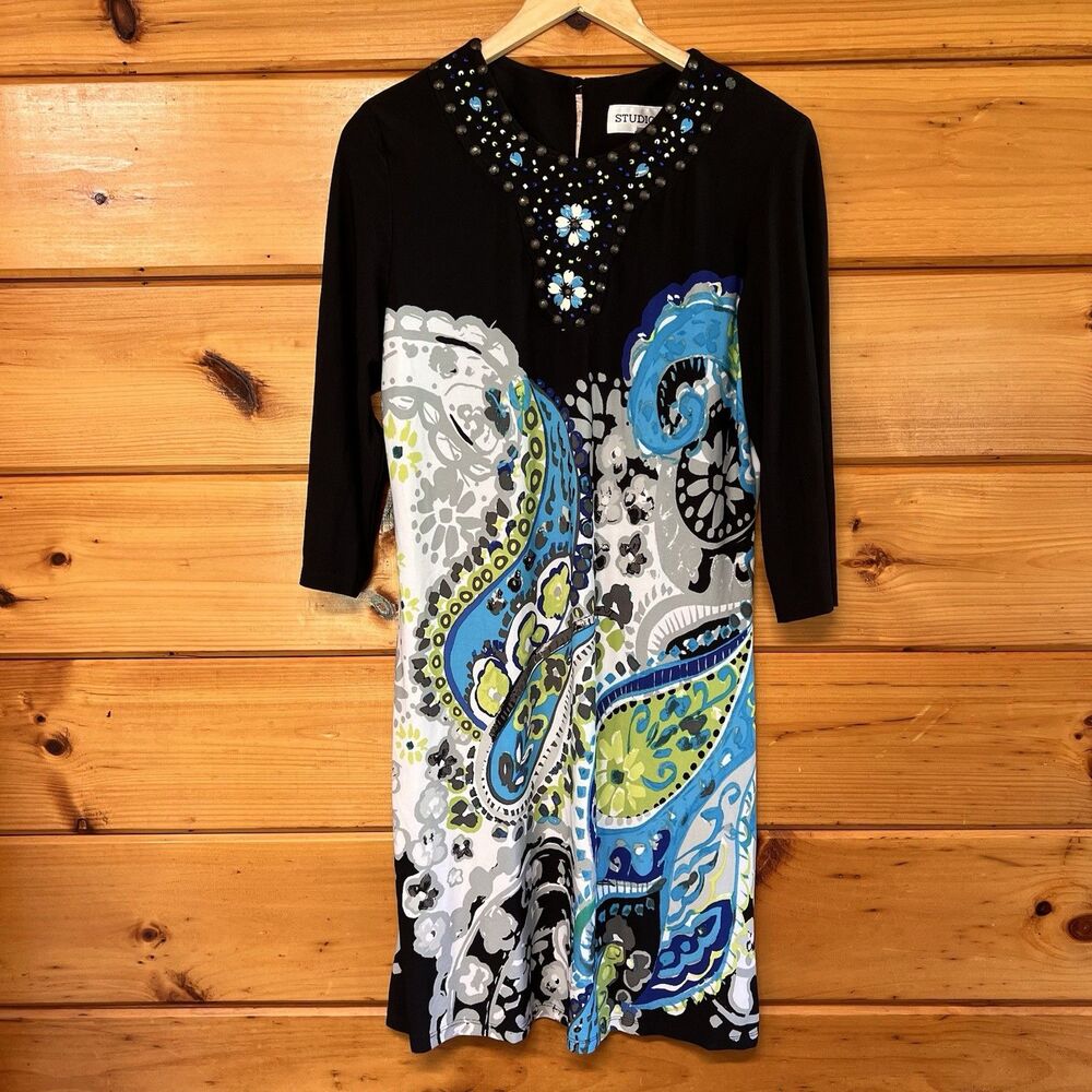 Studio I Women's Dress 10 Shift Black Paisley Beaded 3/4 Sleeve Round Neck